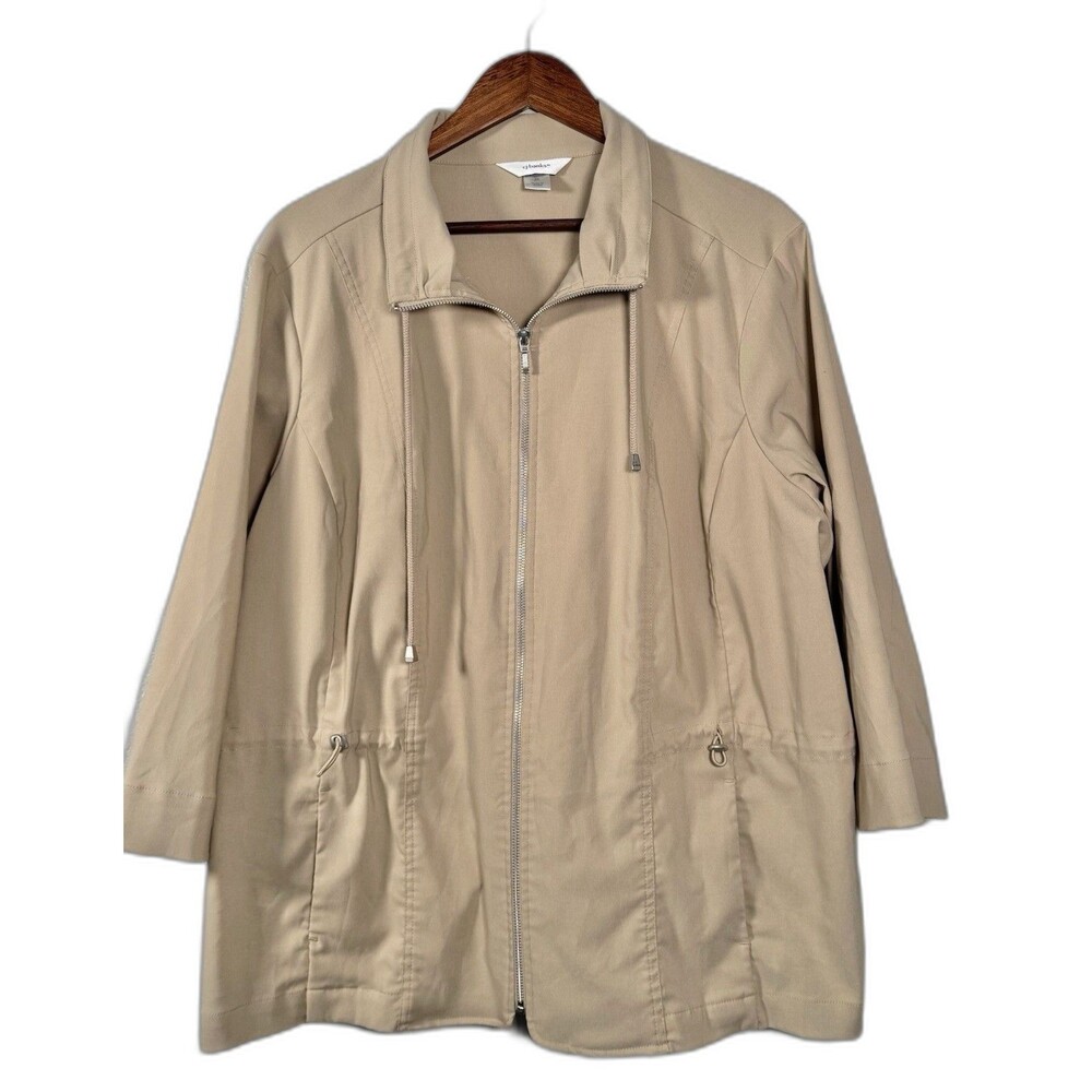 CJ Banks Zip Jacket 2X Khaki Tan Drawstring Waist Plus Size Spring Utility